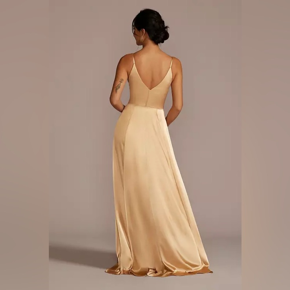 GALINA Signature Gold Spaghetti Strap Satin A-line Long Dress with pockets